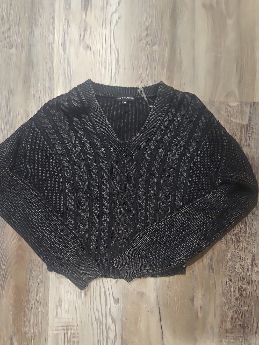 Textured Cable Knit V-Neck Sweater - Black